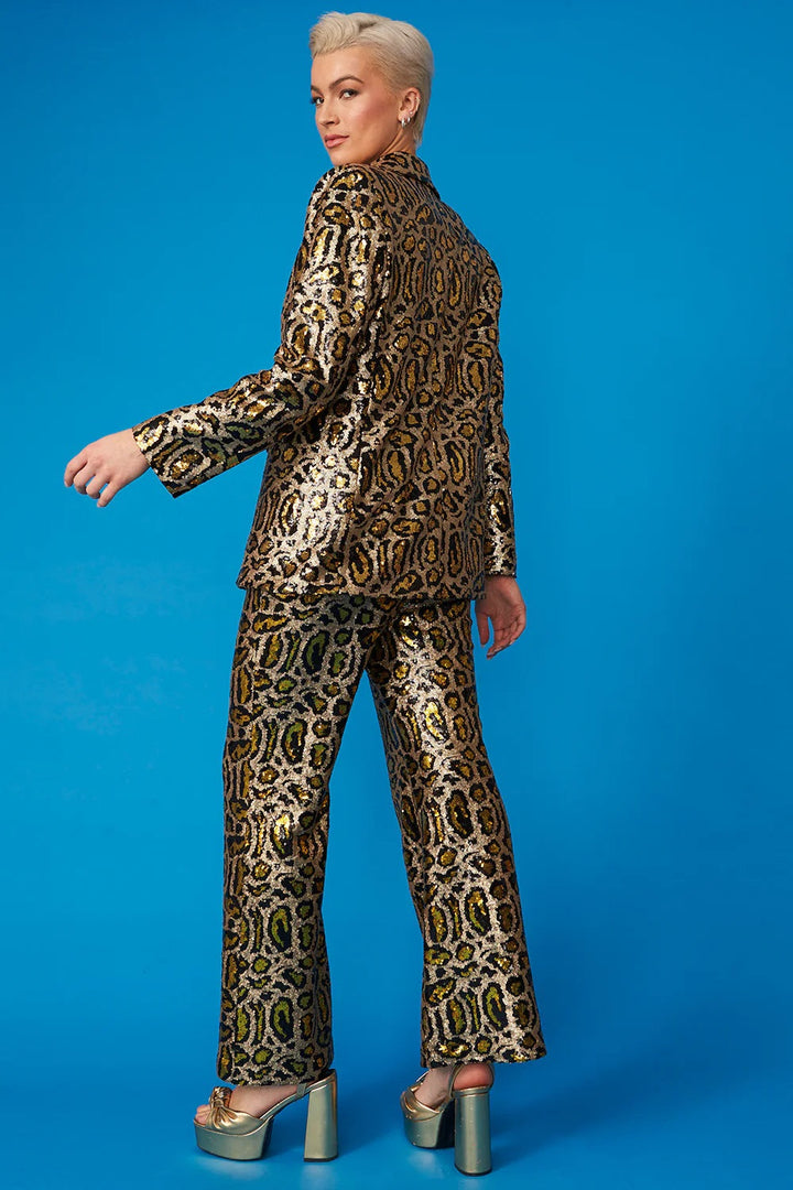Gold Bamboo Animal Print Sequin Trousers-3