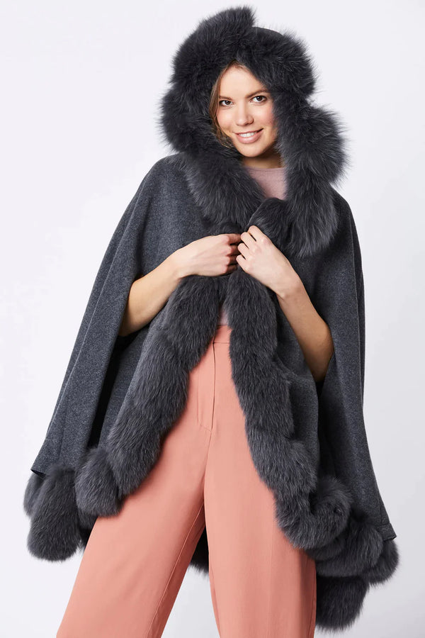 Grey Cashmere Hooded and Fox Fur Cape Coat-0