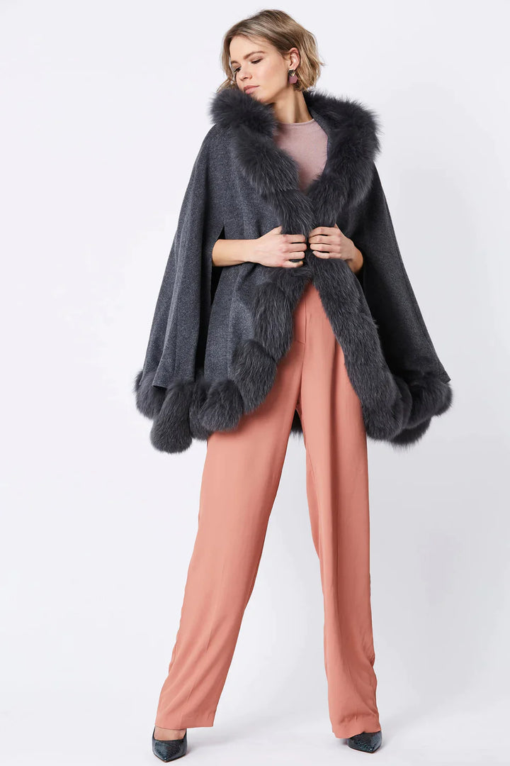 Grey Cashmere Hooded and Fox Fur Cape Coat-1