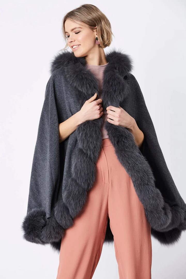Grey Cashmere Hooded and Fox Fur Cape Coat-2