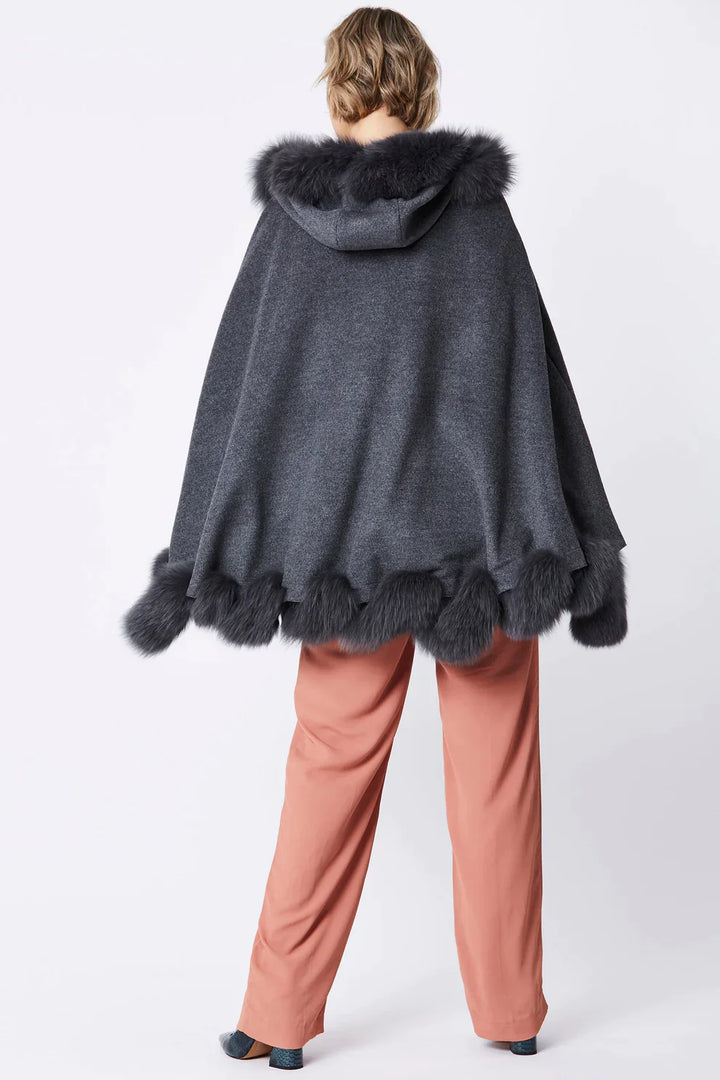 Grey Cashmere Hooded and Fox Fur Cape Coat-3