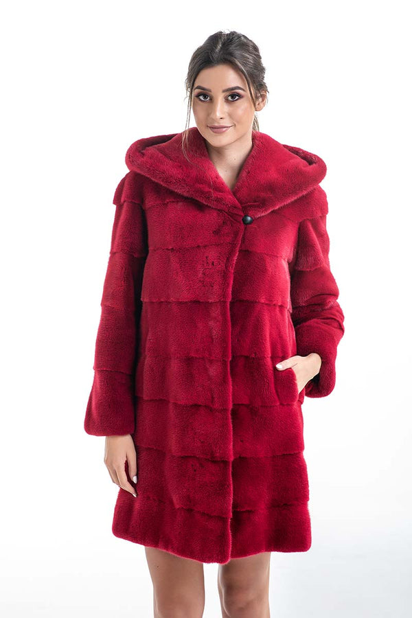 Red Genuine Mink Fur Midi Hooded Coat-0