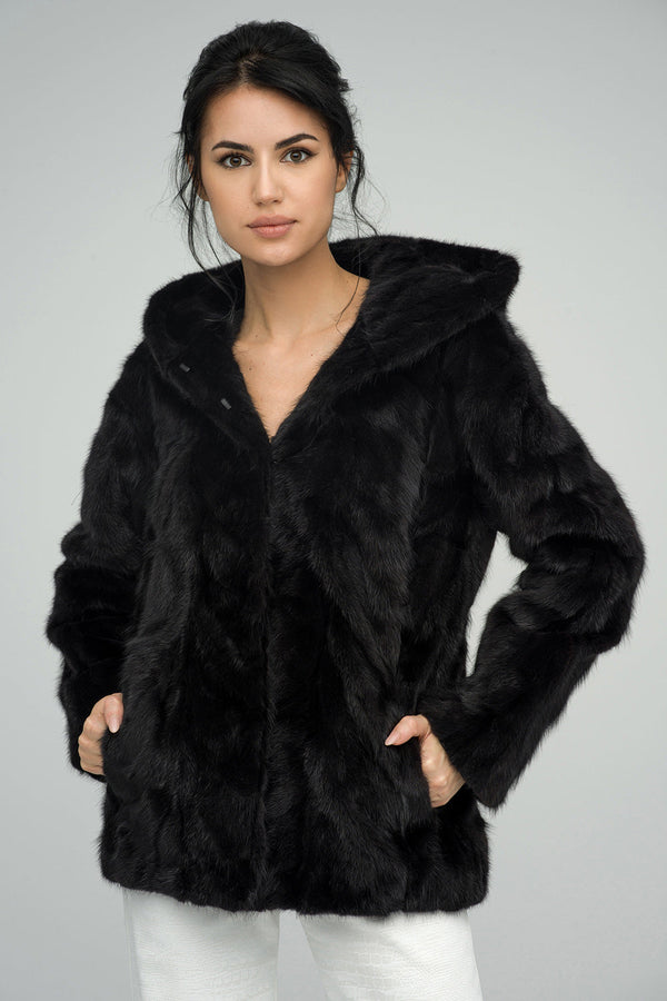 Black Genuine Hooded Mink Fur Coat-0