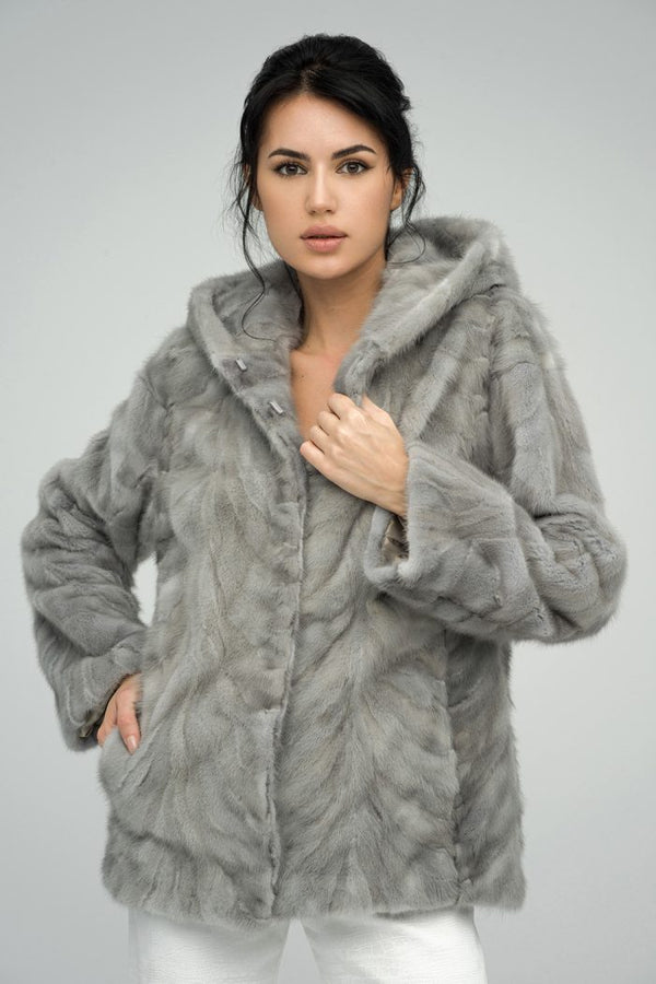 Gray Genuine Hooded Mink Fur Coat-0