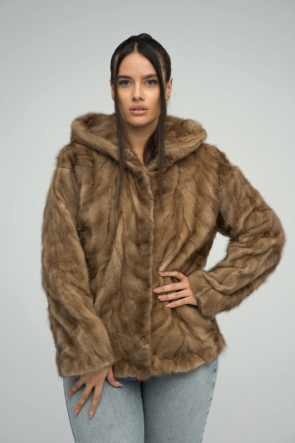 Taupe Genuine Hooded Mink Fur Coat-0