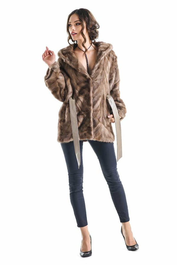 Taupe Hooded Genuine Mink Fur Coat with Leather Belt-0