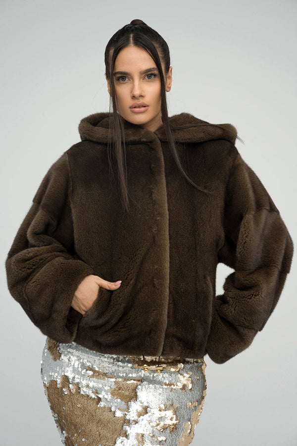 Brown Fluffy Hooded Mink Fur Coat-0
