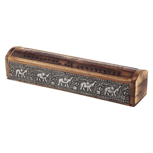 Decorative Elephant Inlay Sliding Lid Wooden Incense Burner Box IF215