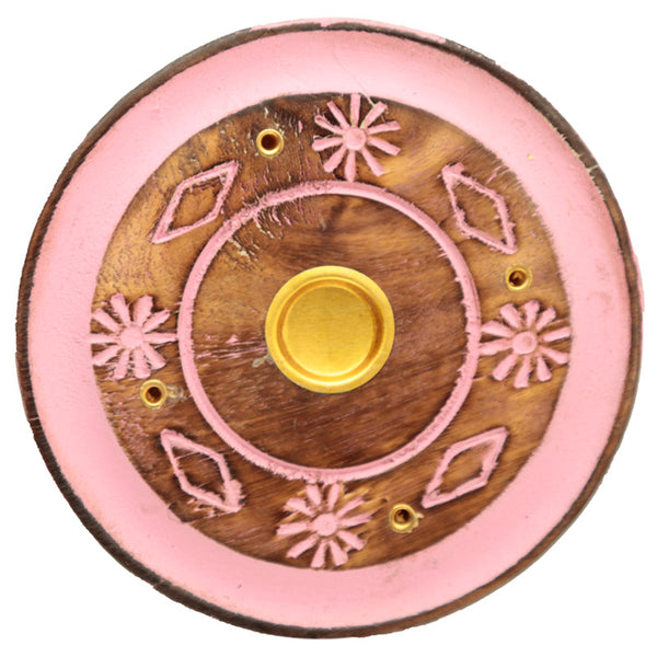 Decorative Round Painted Flower Wooden Incense Burner Ash Catcher IF227-0