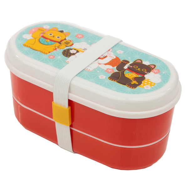 Bento Lunch Box with Fork & Spoon - Maneki Neko Lucky Cat LBOX50