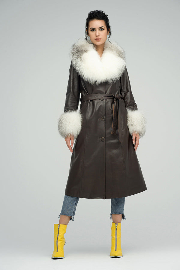 Brown Genuine Maxi Lambskin Overcoat with Arctic Fox Fur Collar and Cuffs-0