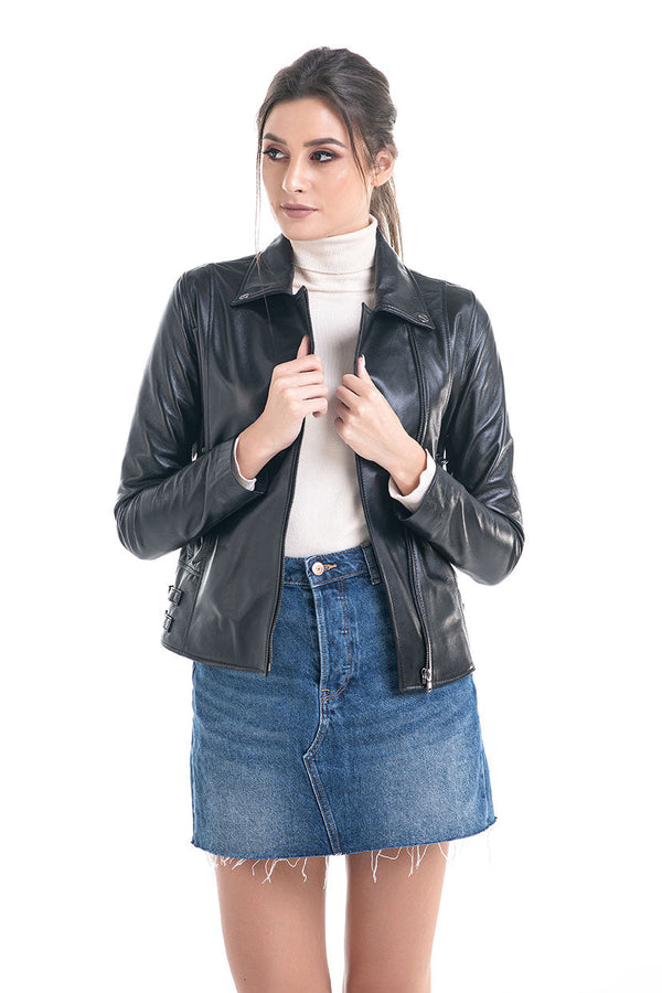 Black Genuine Sheepskin Jacket with Diagonal Zipper-0