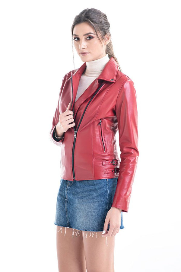 Red Genuine Sheepskin Jacket with Diagonal Zipper-0