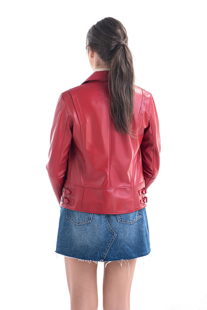 Red Genuine Sheepskin Jacket with Diagonal Zipper-1