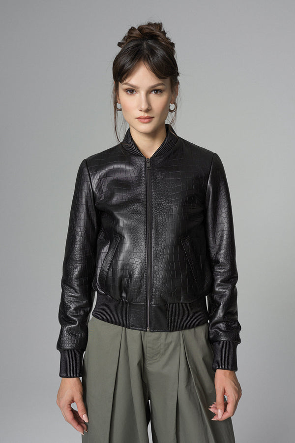 Black Leather Jacket with Crocodile Skin Print-0