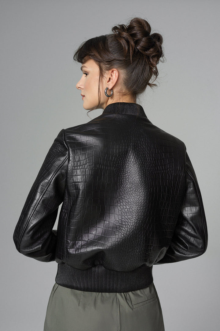 Black Leather Jacket with Crocodile Skin Print-1