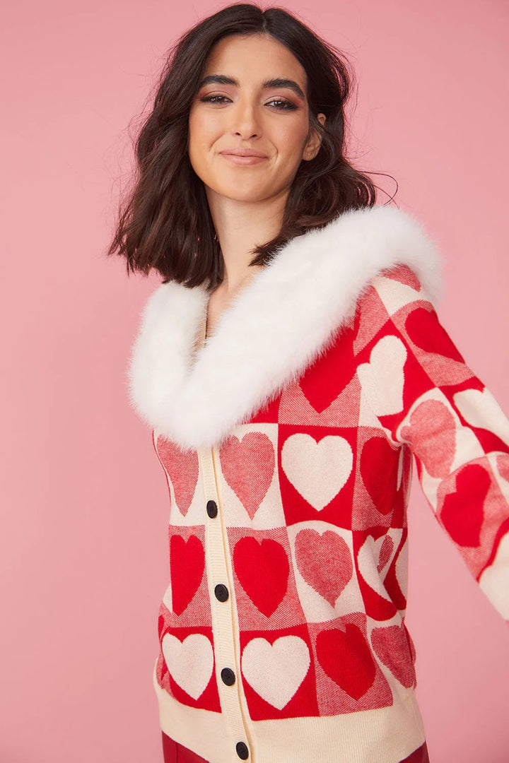 Love Heart Design Cashmere Cardigan with Fur Collar-1