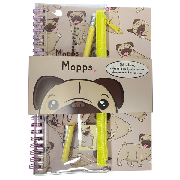 Mopps Pug Ring Bound Notepad & Pencil Case 6 Piece Stationery Set MEMOS01