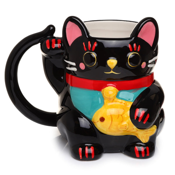Ceramic Black Maneki Neko Lucky Cat Shaped Collectable Mug MUG380-0