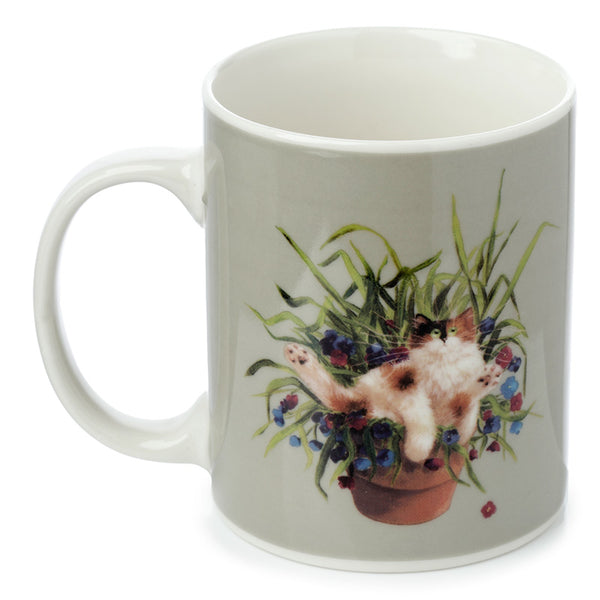 Porcelain Mug - Kim Haskins Cat in Plant Pot Green MUG404-0