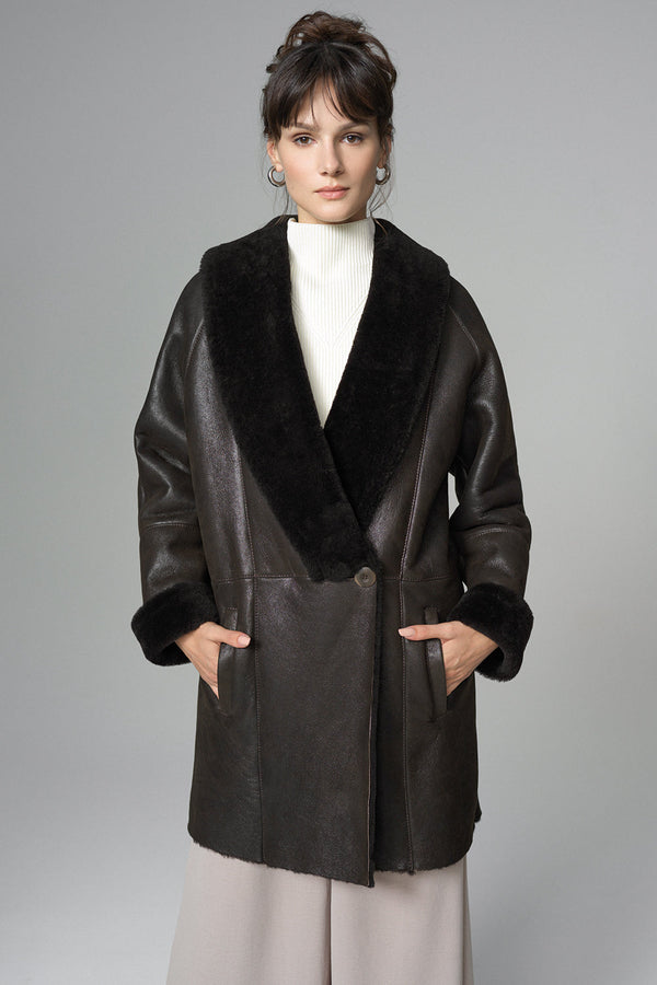 Dark Brown Lambskin Midi Coat with Merino Fur Collar-0