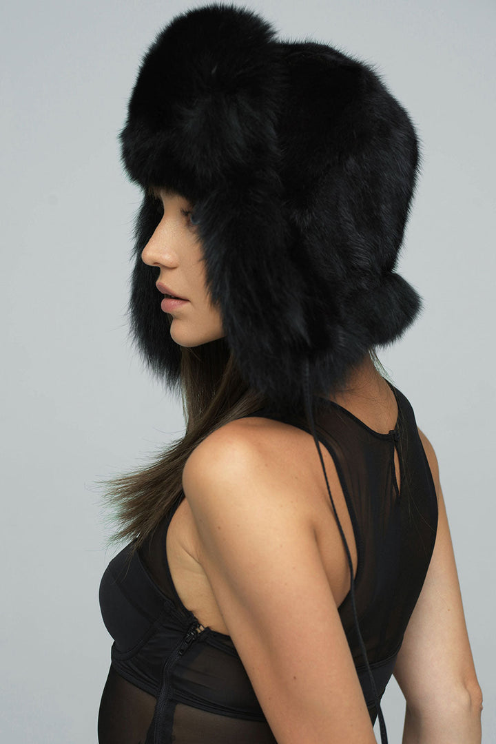 Black Genuine Arctic Fox and Mink Fur Hat-2