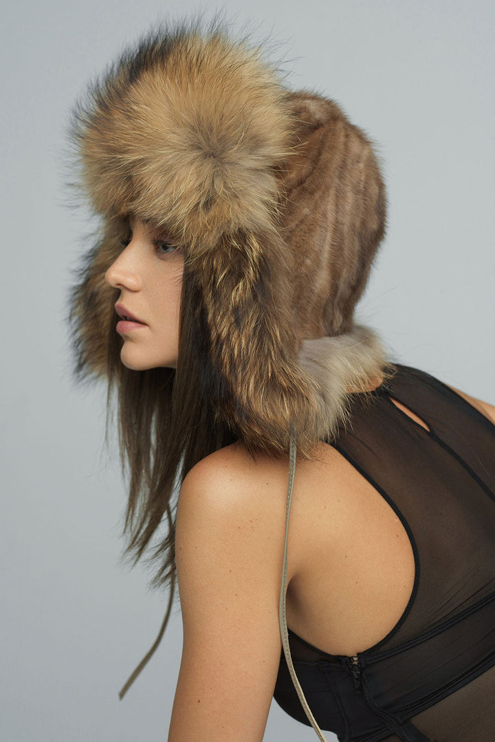 Taupe Genuine Arctic Fox and Mink Fur Hat-1