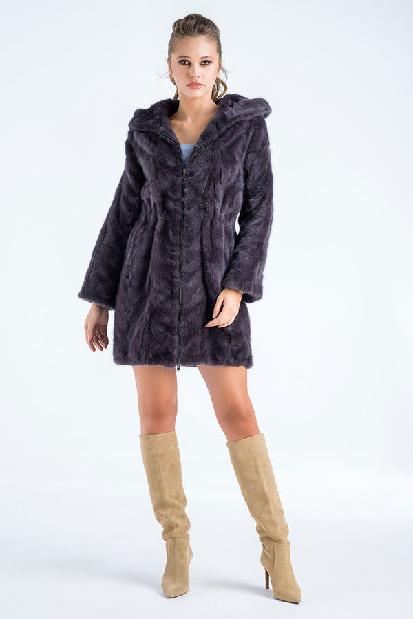 Gray Natural Hooded Mink Fur Coat-0