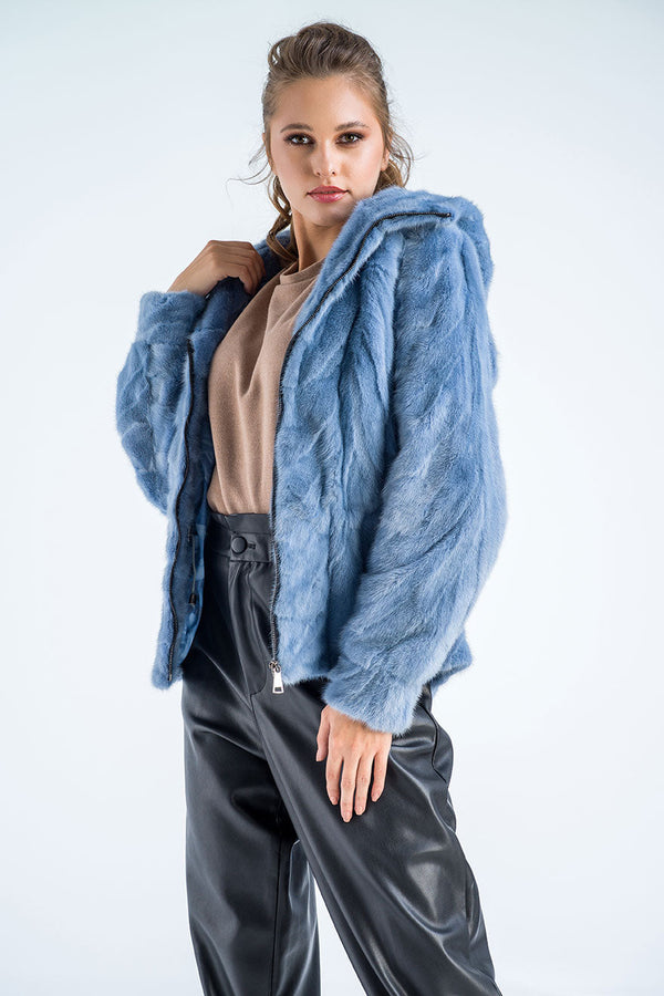 Blue Genuine Mink Fur Hooded Jacket-0
