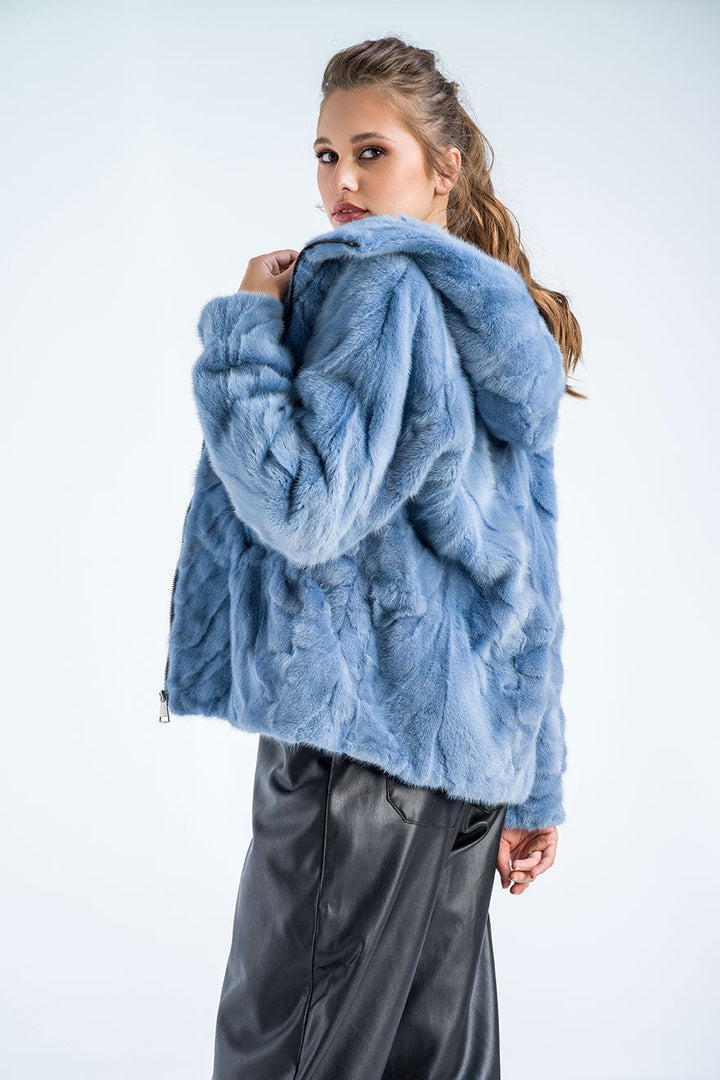 Blue Genuine Mink Fur Hooded Jacket-2