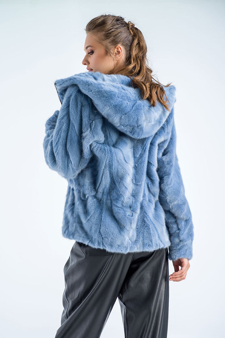 Blue Genuine Mink Fur Hooded Jacket-1