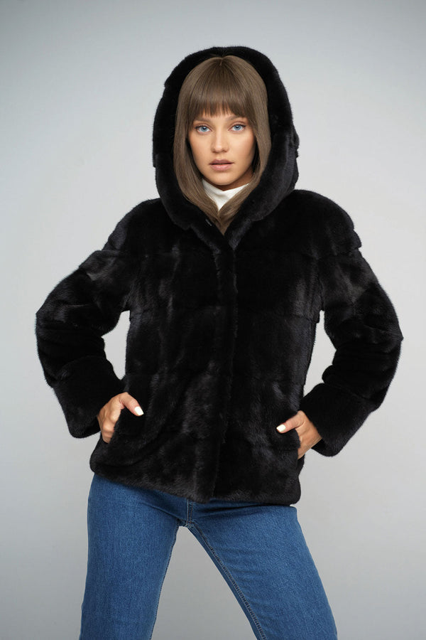 Black Luxury Genuine Mink Fur Hooded Jacket-0