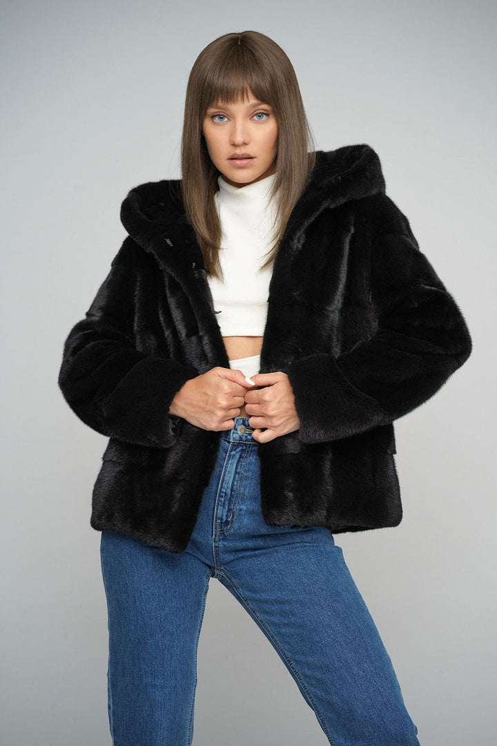 Black Luxury Genuine Mink Fur Hooded Jacket-2