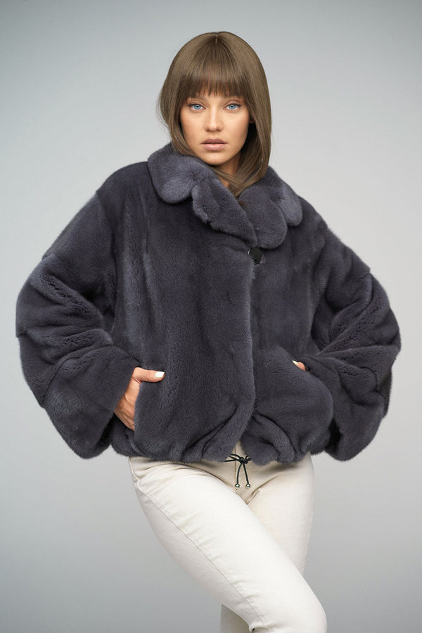 Gray Genuine Mink Fur Coat-0