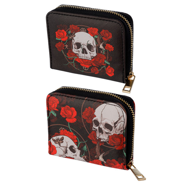 Skulls and Roses Zip Around Small Wallet Purse PUR119-0
