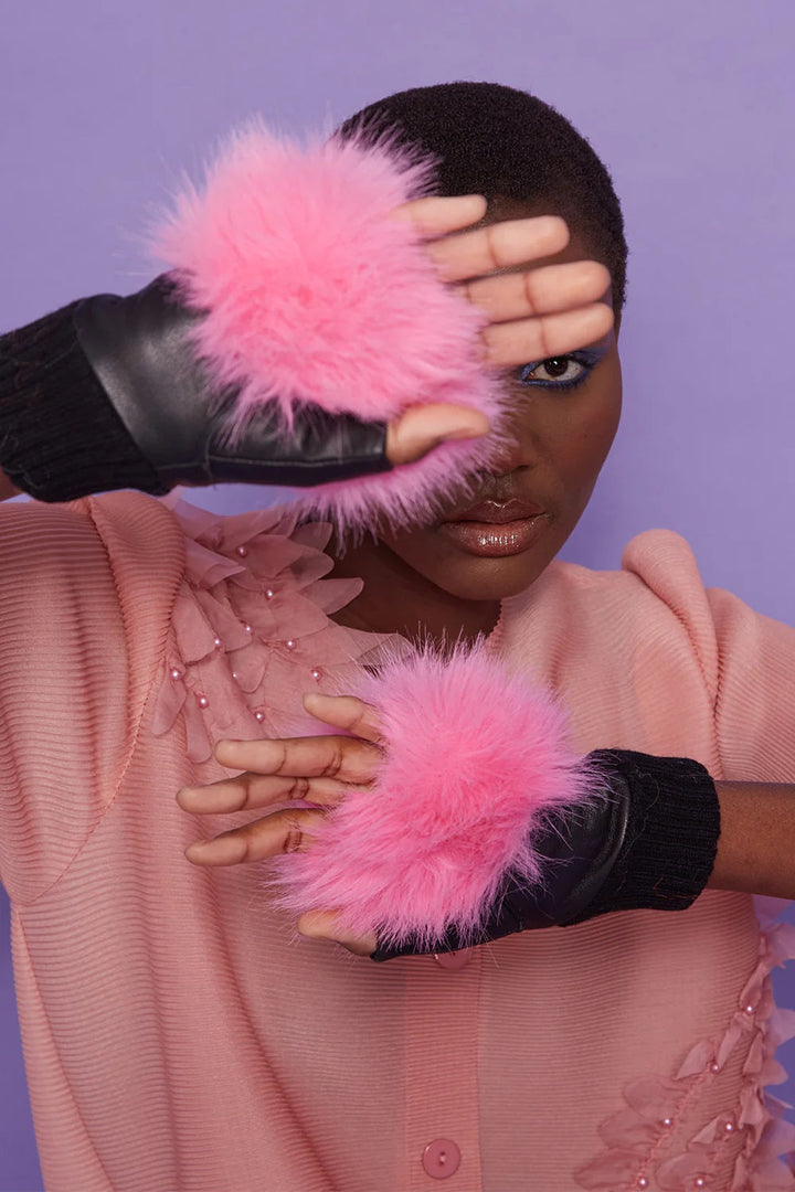 Pink Faux Fur Fingerless Gloves-1