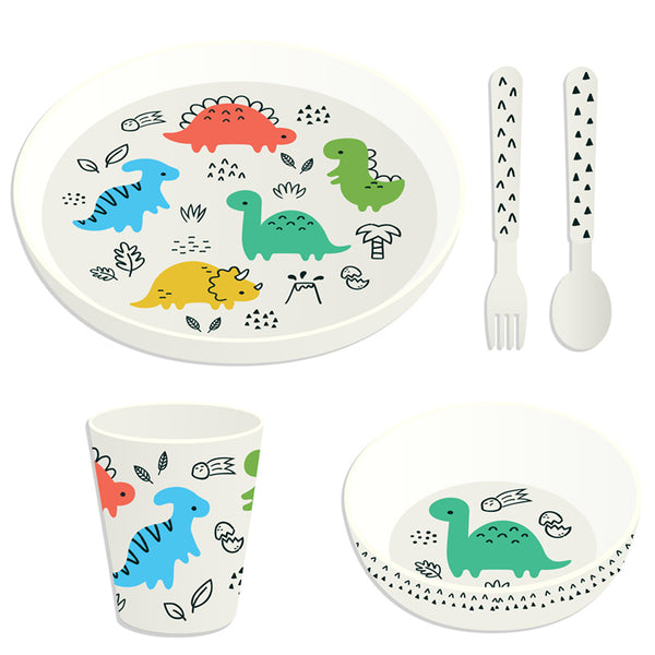 Recycled RPET Set of 5 Kids Cup, Bowl, Plate & Cutlery Set - Dinosauria RPSET01-0