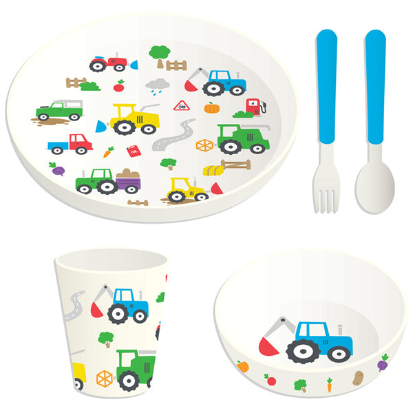 Recycled RPET Set of 5 Kids Cup, Bowl, Plate & Cutlery Set - Little Tractors RPSET02-0