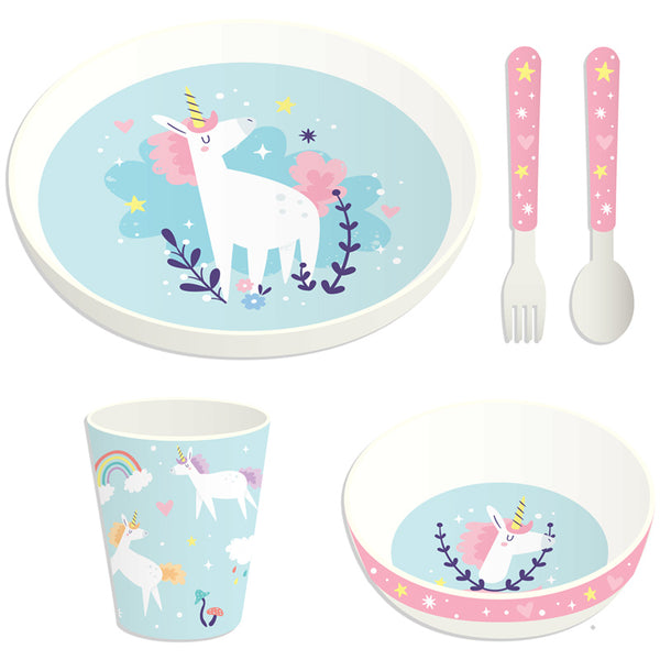 Recycled RPET Set of 5 Kids Cup, Bowl, Plate & Cutlery Set - Unicorn Magic RPSET03-0