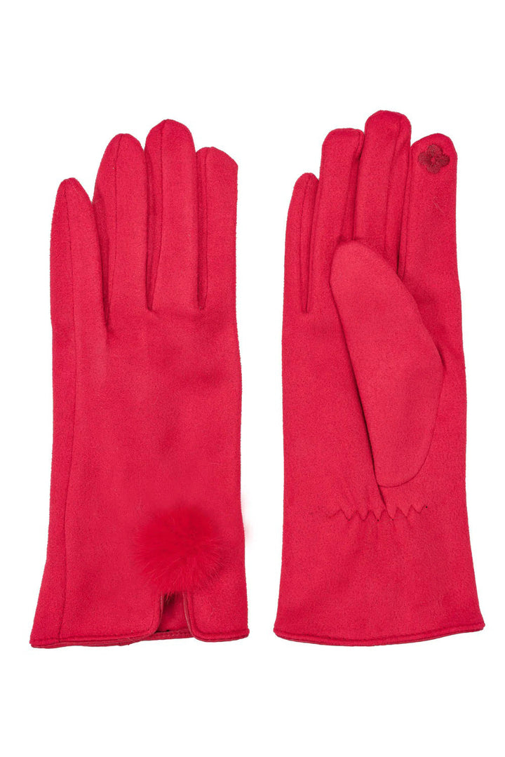 Red Faux Suede Gloves With Faux Fur Pom-1