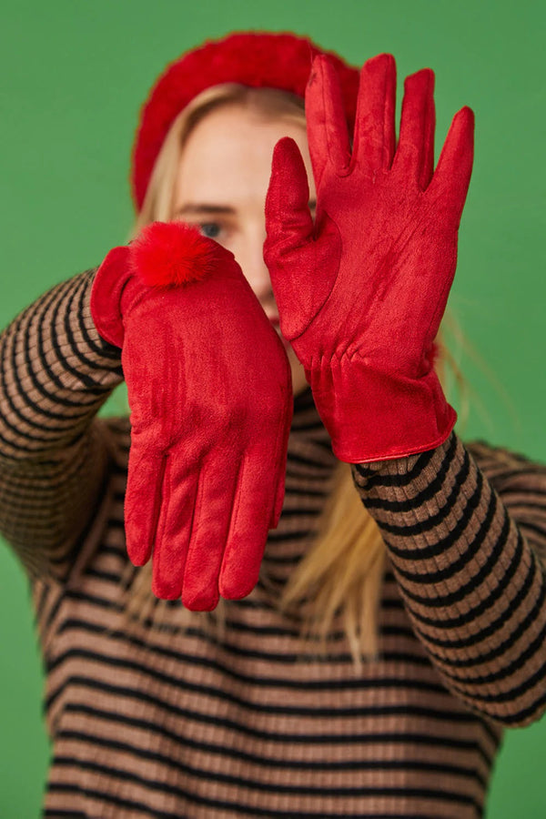 Red Faux Suede Gloves With Faux Fur Pom-0