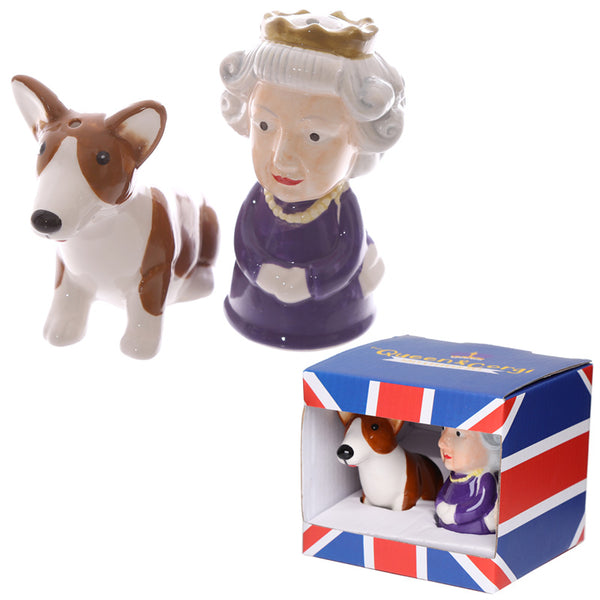 Novelty Collectable Queen and Corgi Ceramic Salt and Pepper Set SP54-0