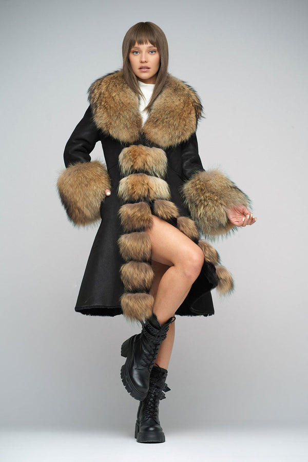 Black Genuine Maxi Sheepskin Overcoat with Arctic Raccoon Fur Detailing-0