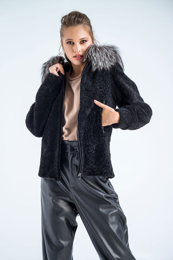 Black Sheepskin Hooded Jacket with Arctic Fox Fur Detailing-0