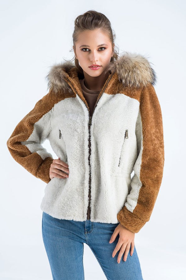 Cream Sheepskin Hooded Jacket with Racoon Fur Detailing-0
