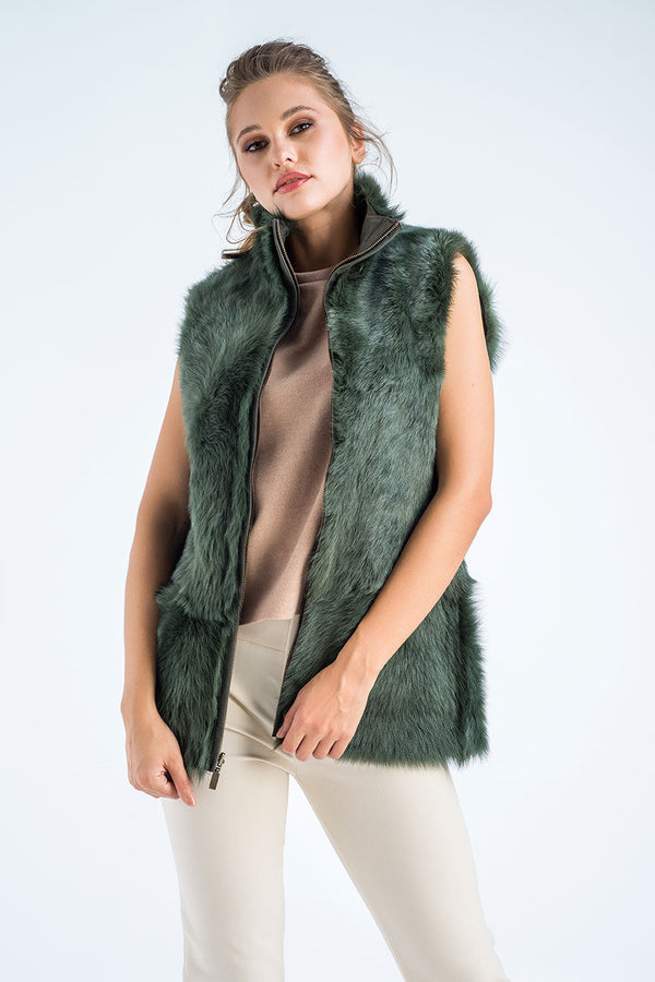 Olive Geniune Reversible Sheepskin Fur Vest-0