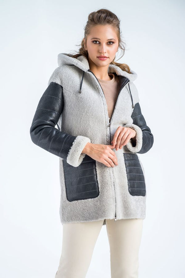 Gray Natural Shearling Sheepskin Hooded Jacket-0