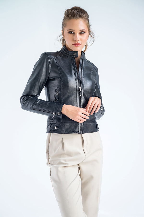 Black Genuine Cropped Leather Jacket-0