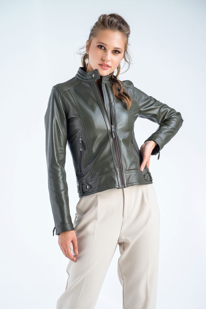 Olive Genuine Cropped Leather Jacket-3