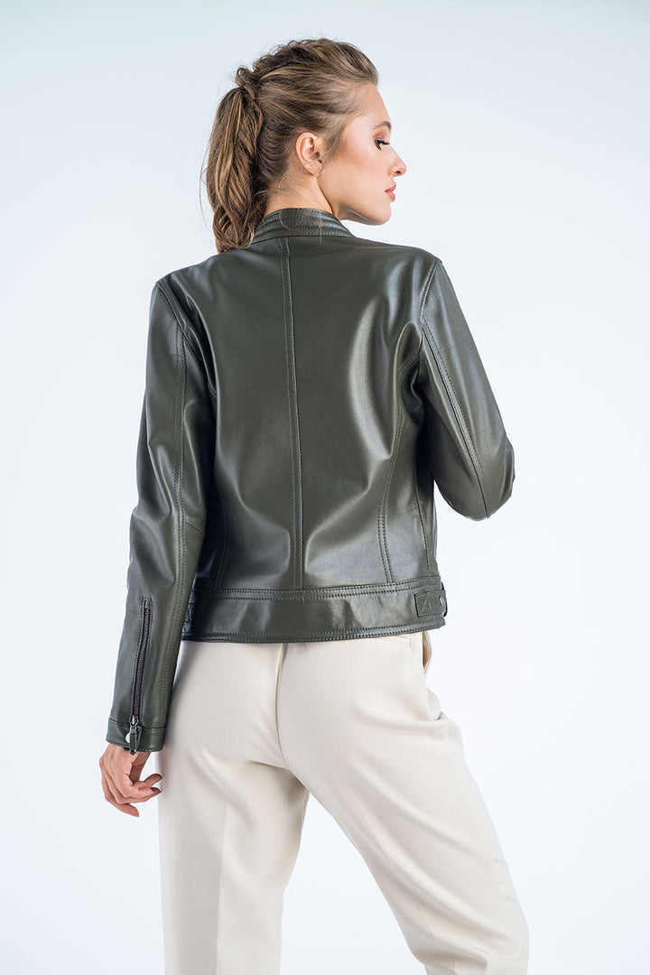 Olive Genuine Cropped Leather Jacket-1